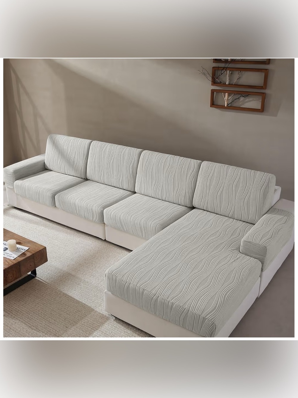 Soft Wavy Gray Sofa Slipcover, Elastic Slip Resistant for Sectional Chaise